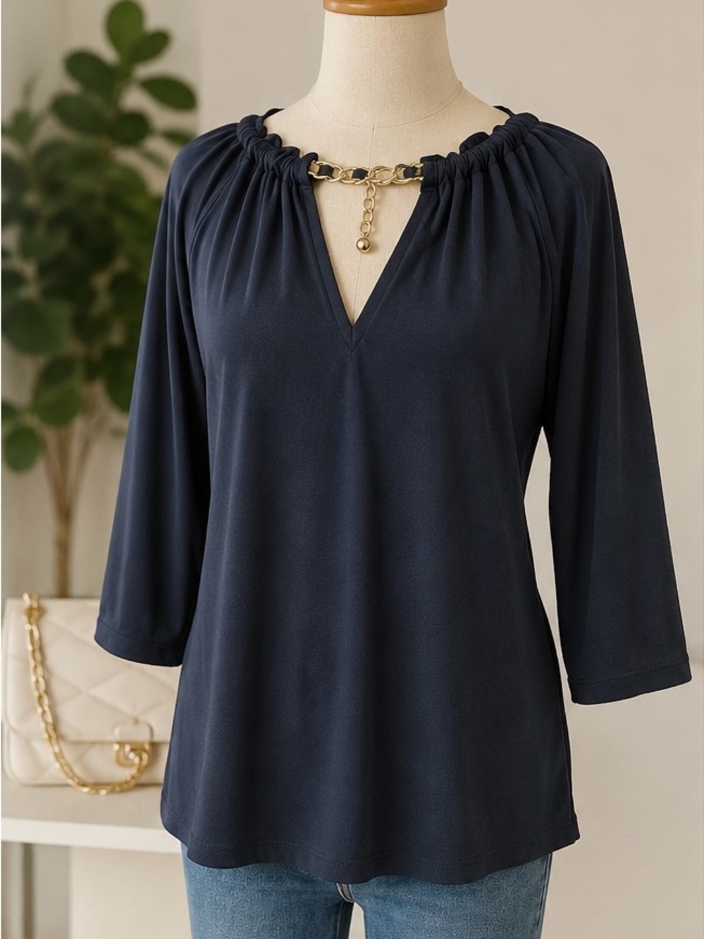 2B bebe Navy Blue Chain Neckline Tunic Blouse | 3/4 Sleeve | Size S